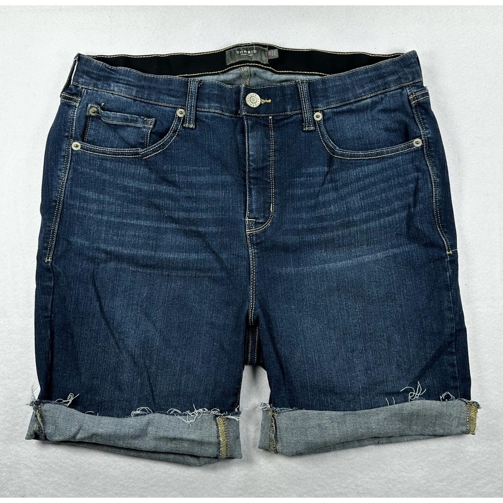 Torrid Womens 14 Dark Wash Denim Shorts Cuffed Raw Hem Elastic Waist Stretch